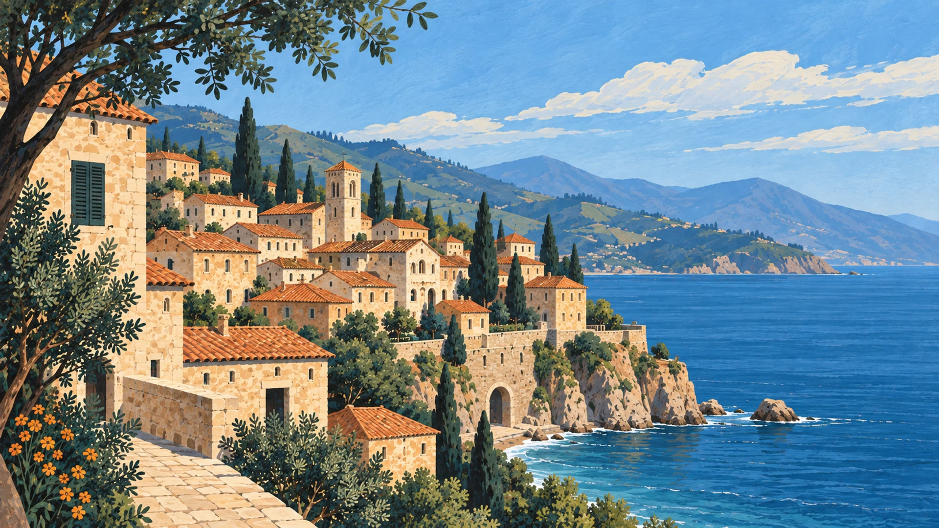 Illustrated interpretation of a southern Italian coastal town