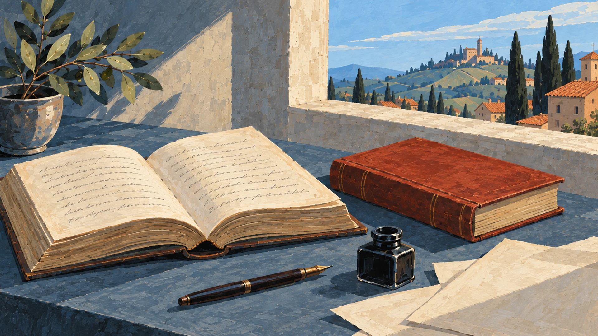 Editorial illustration of an open source volume, a closed book, and writing materials beside a window