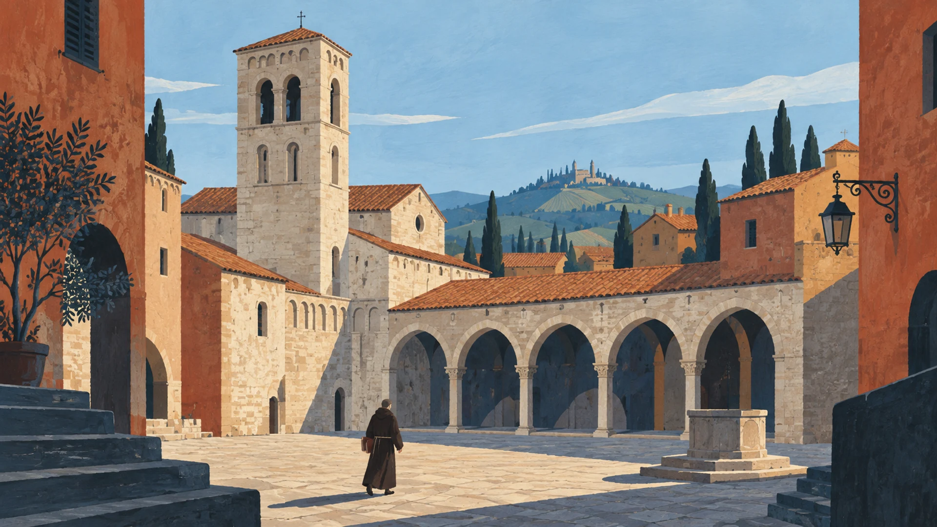 Painted interpretation of an Italian town with a friar crossing a stone square